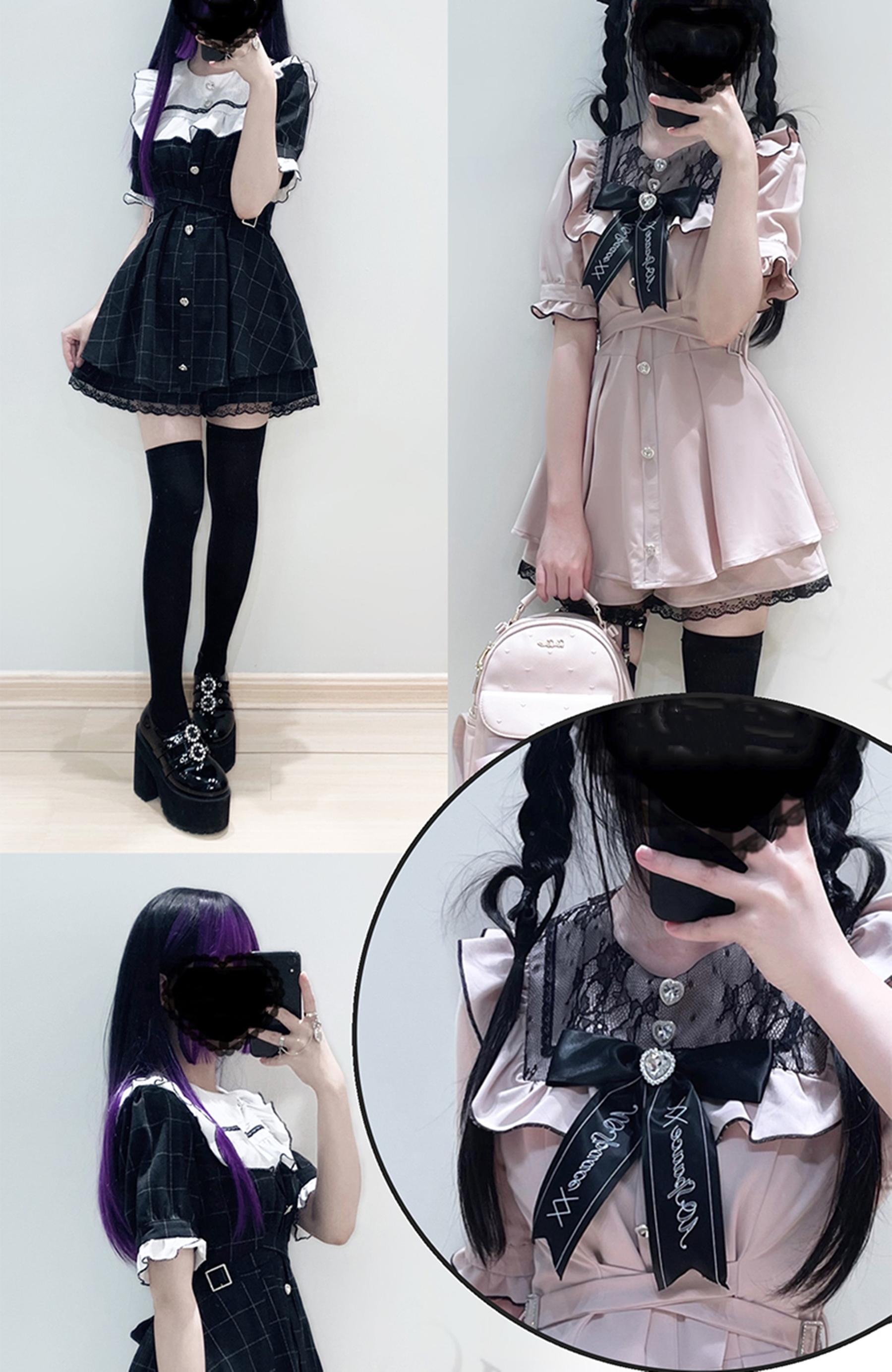 Jirai Kei square collar dress set close-up ruffled neckline detail lace trim shorts hem product details