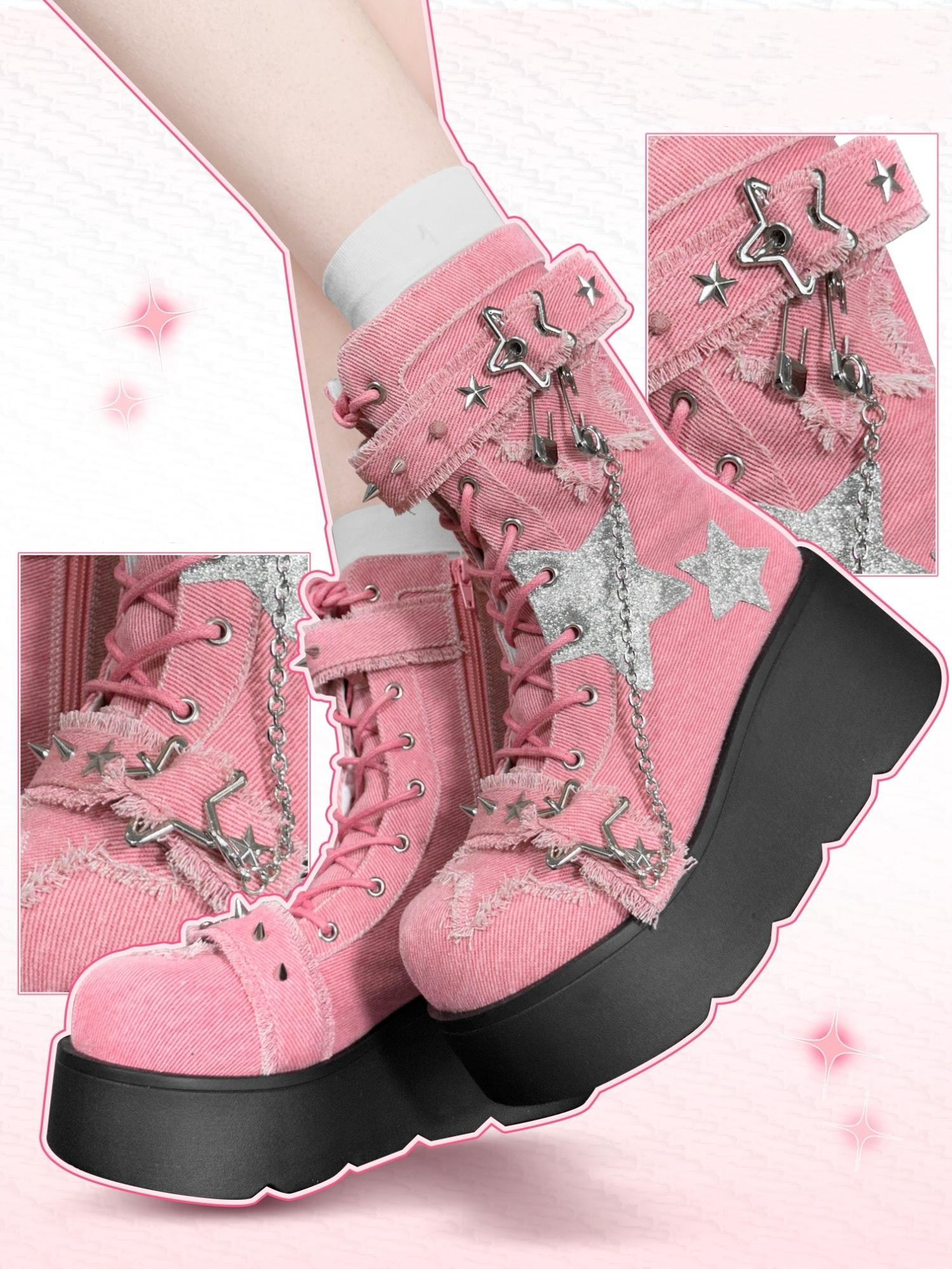 Pink platform combat boots Jirai Kei alternative fashion statement piece for indie and underground style communities