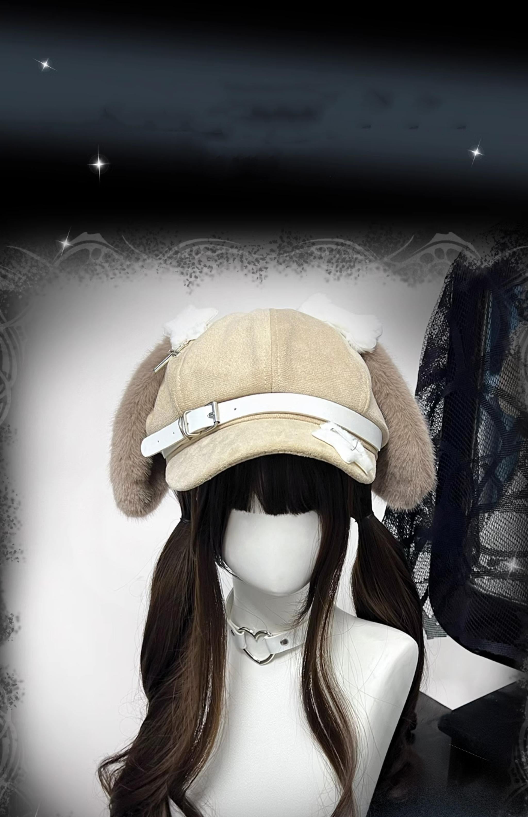 Jirai Kei brown puppy ear kawaii hat newsboy cap with white leather strap accessory