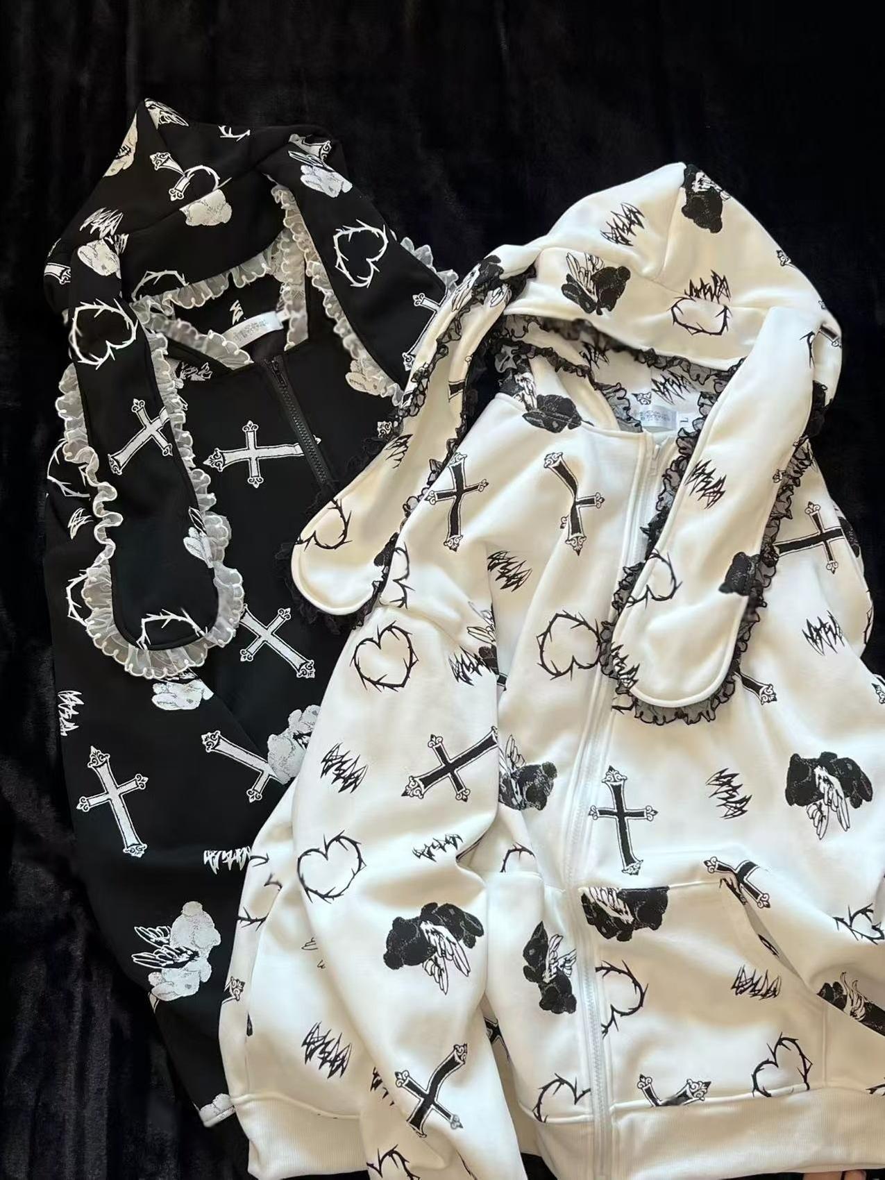 Jirai Kei bunny ear hoodie coat detail shot emphasizing iconic lace-trimmed bunny ears, zipper closure mechanism, and oversized silhouette construction