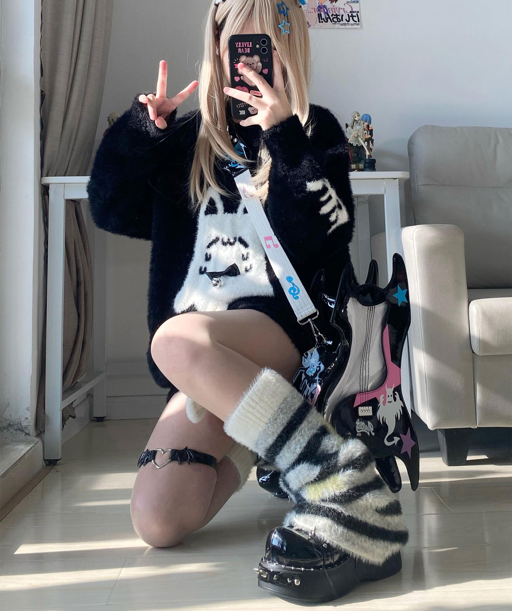 Jirai Kei ghost cat sweater and leg warmers complete set package with all detachable accessories cross necklace bell bow tail