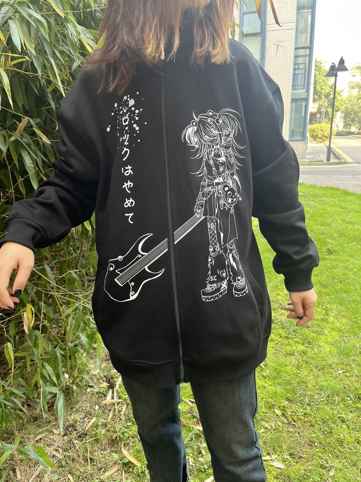 Jirai Kei oversized zip-up hoodie with white anime graphic detail shot showing hood drawstring and zipper closure