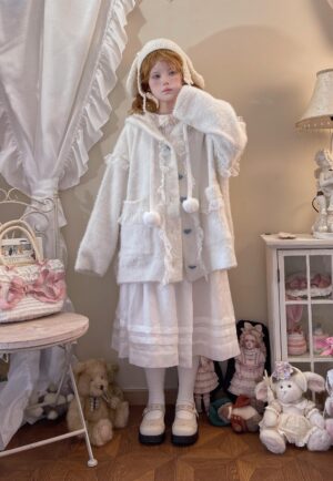White jirai kei bunny ear hooded lace cardigan with pom-pom buttons full body front view plush knit sweater