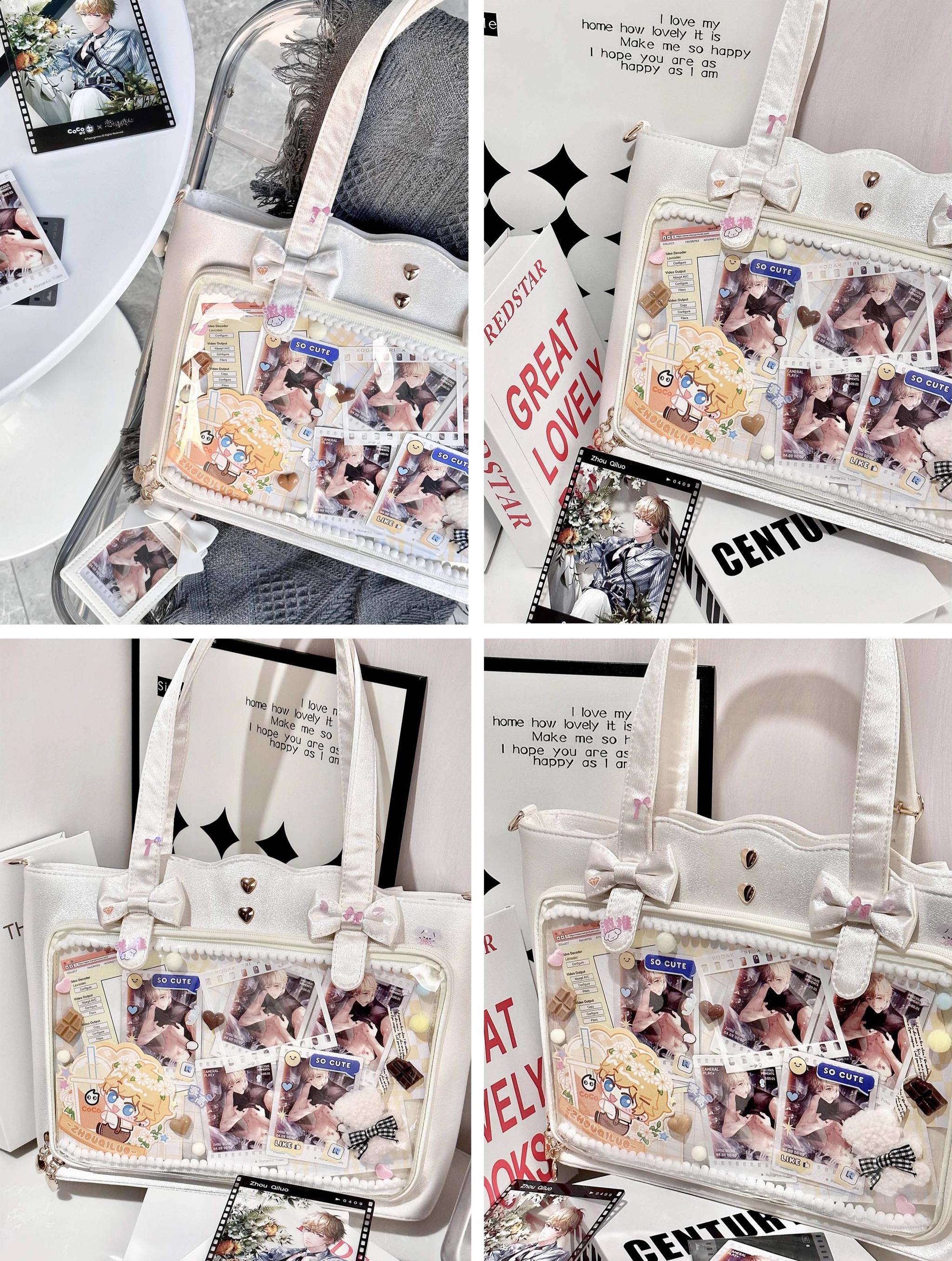 Jirai Kei ita bag heart-shaped metal studs and bow decoration detail, showcasing intricate embellishment craftsmanship, emotional symbolism through design elements, and aesthetic quality