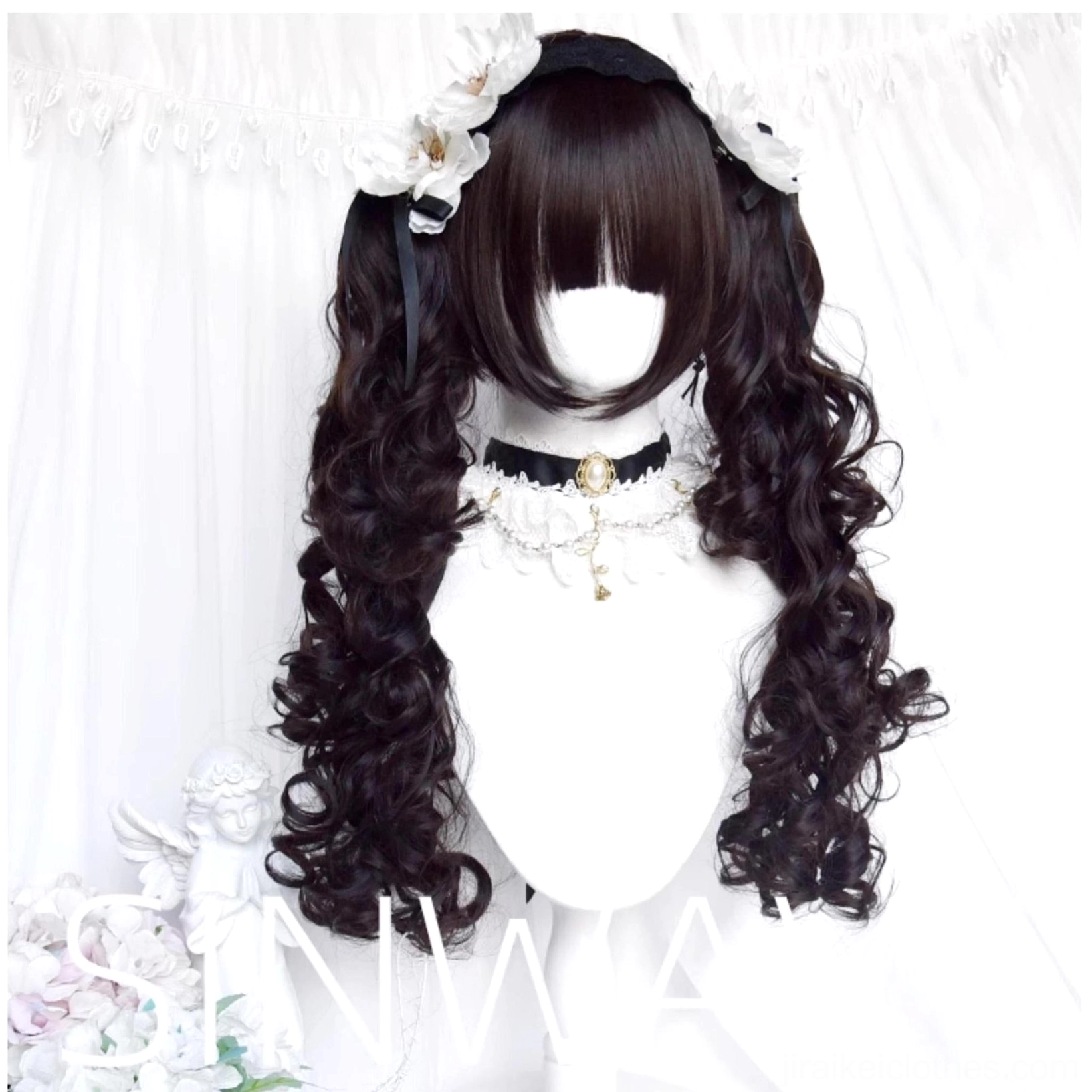 Dark brown-black long curly Lolita wig with white flower hairpins and lace choker pendant on mannequin with flower decor