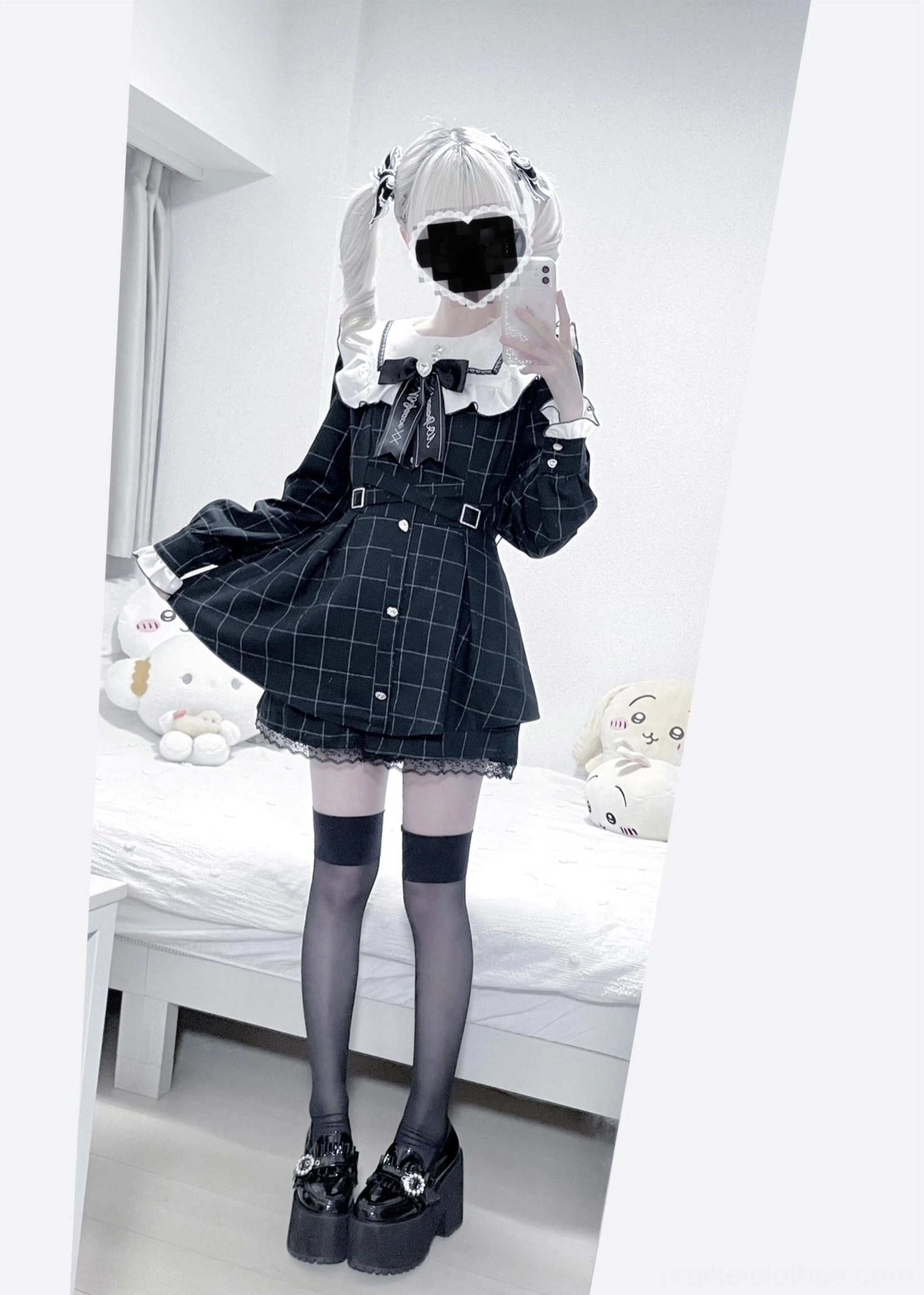 Dark blue check Jirai Kei dress set full body mirror selfie maid hairband girl ruffled collar bow grid pattern