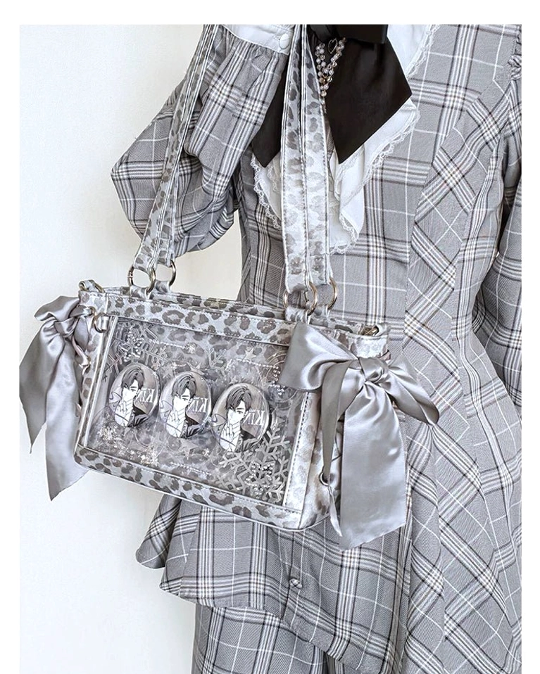 Dark blue denim style Jirai Kei ita bag flat lay with clear window display on white background