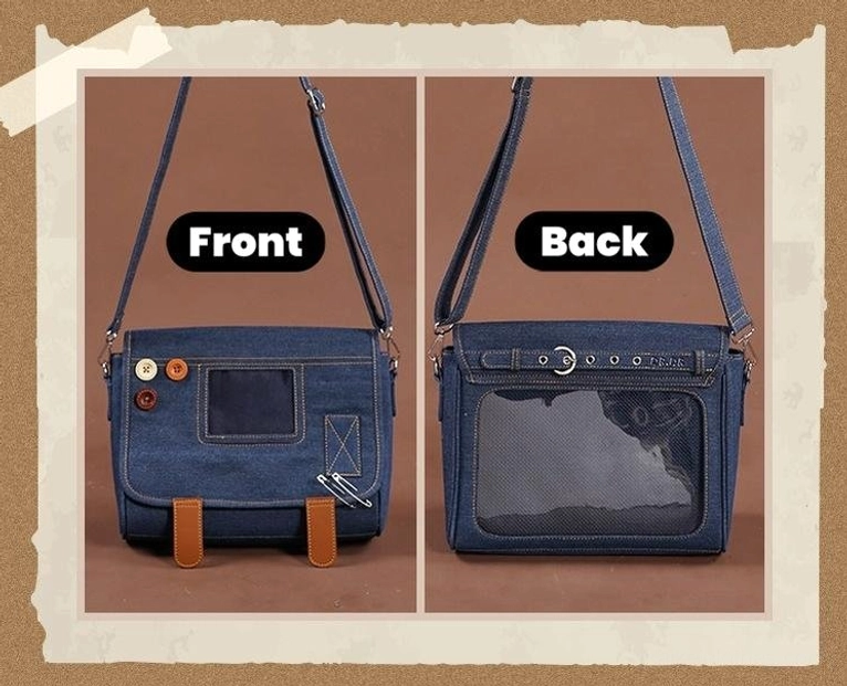 Dark blue denim Jirai Kei itabag crossbody bag flat lay display showing front and back panels, small decorative panel front and large clear display window back