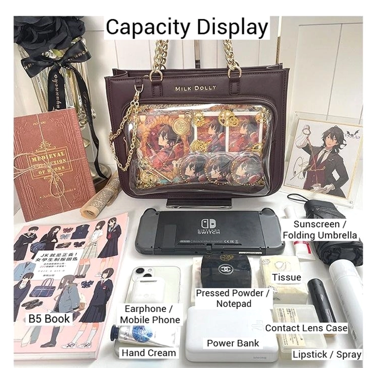Dark brown checkered ita bag capacity showcase displaying large storage space for daily anime collection items