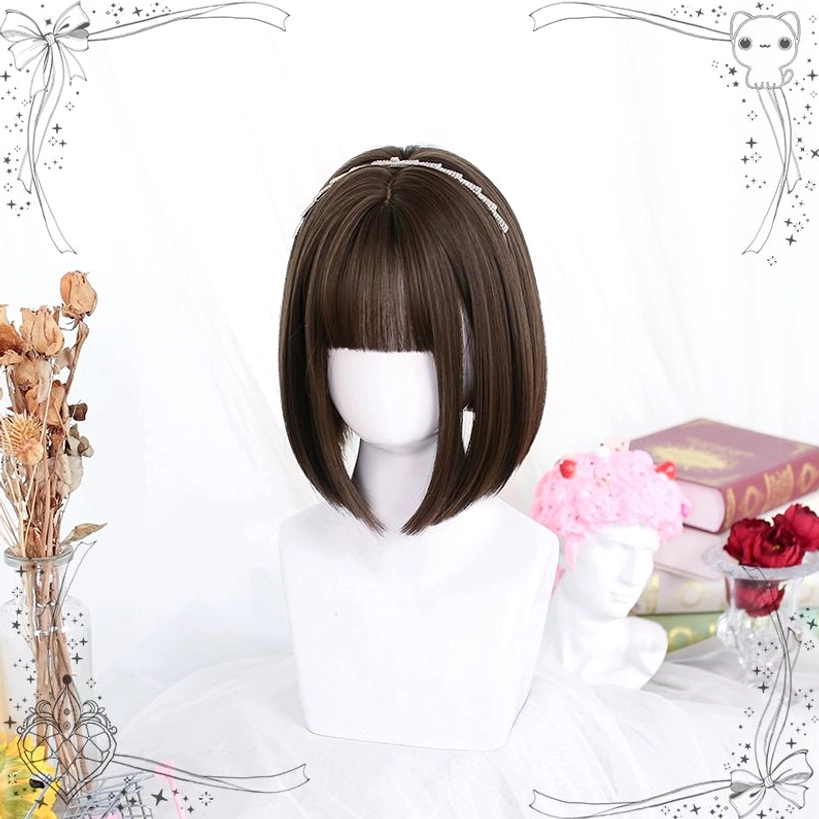 Dark brown jirai kei bob wig bangs front view mannequin table props pearl hair accessory