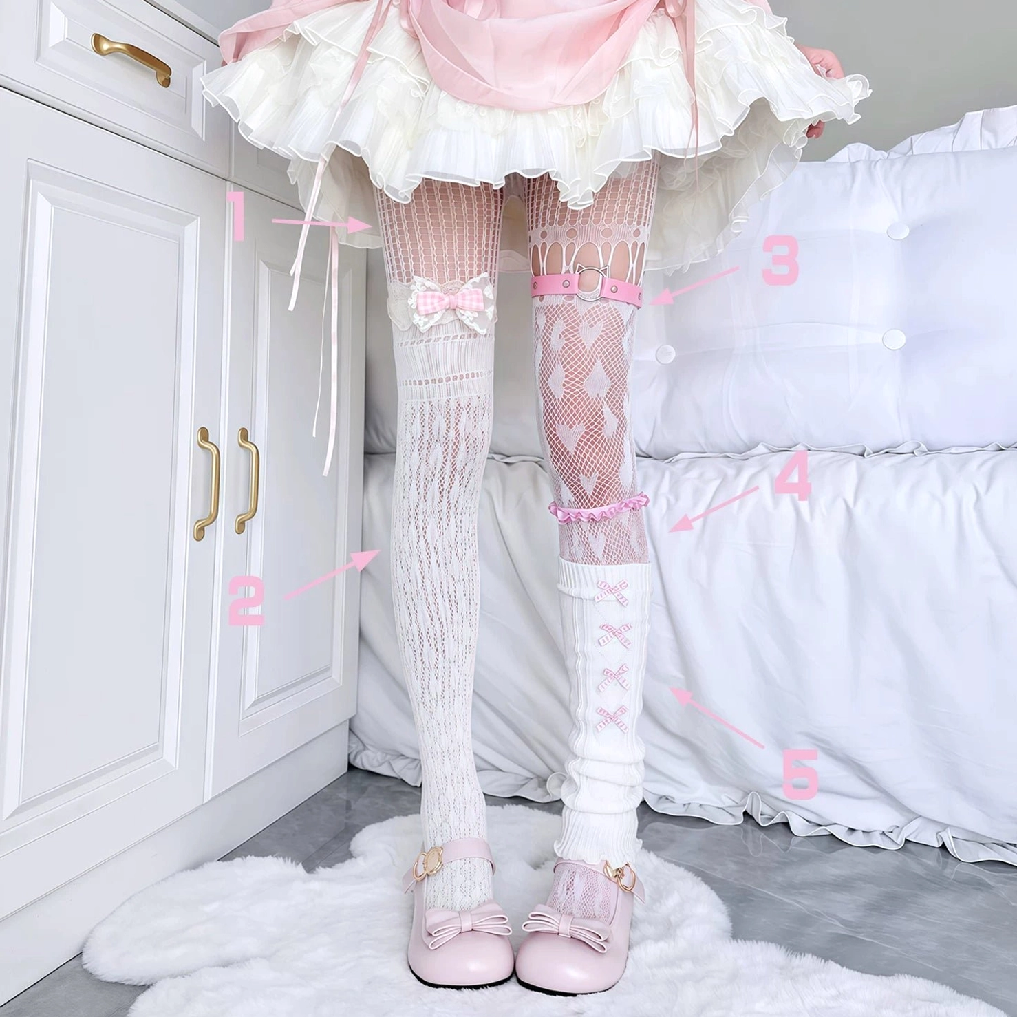 Dark brown lace bow trim Jirai Kei stockings with solid hollow knitted fabric, flat lay display on white fur rug