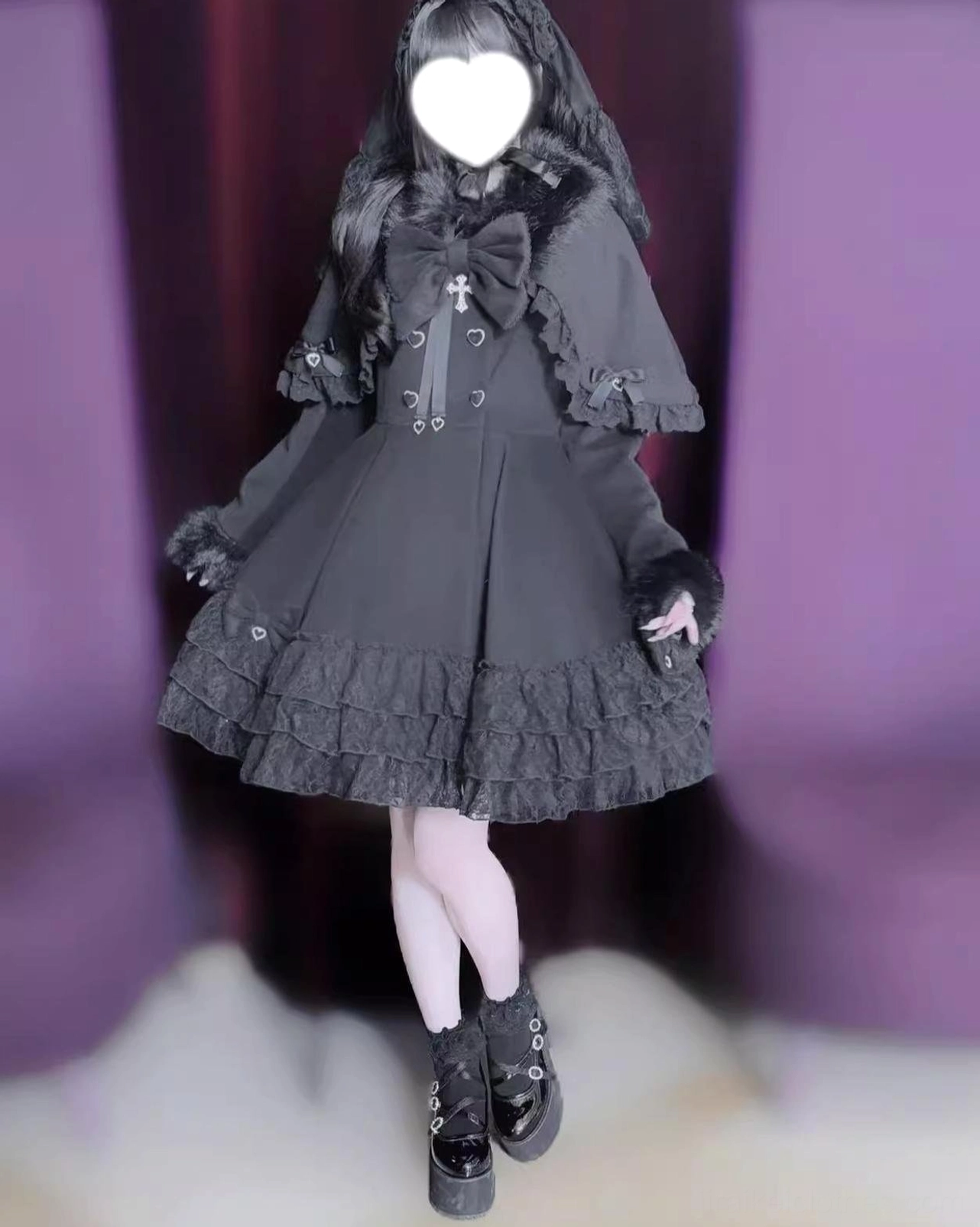 Left side front view of dark gray gothic Jirai Kei coat featuring detachable cape, A-line skirt silhouette, lace trim, and collar bowknot
