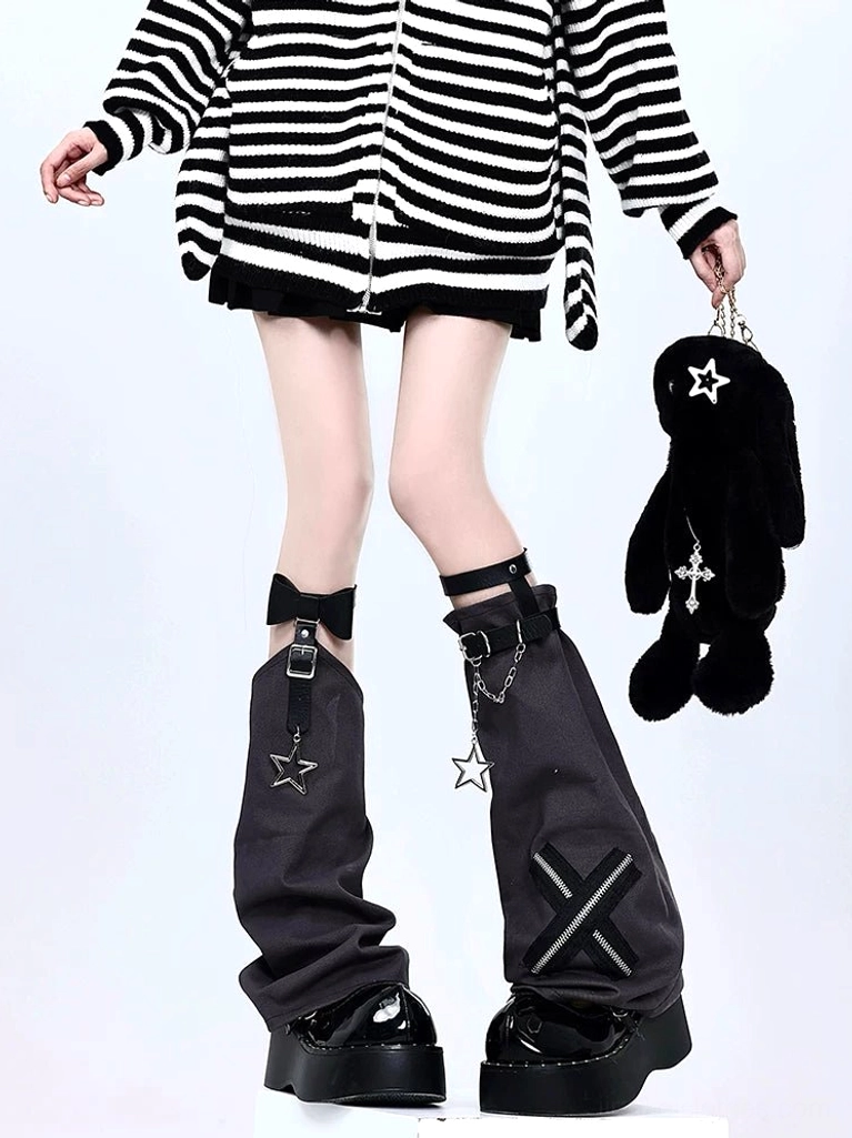 Dark gray Jirai Kei leg warmers with star and chain decorations, adjustable garter straps, worn with striped sweater and black mini skirt, front view showcase of X-zipper punk aesthetic