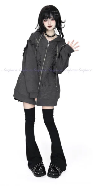 Dark gray oversized zip hoodie with plain fabric full-body front model view alternative fashion