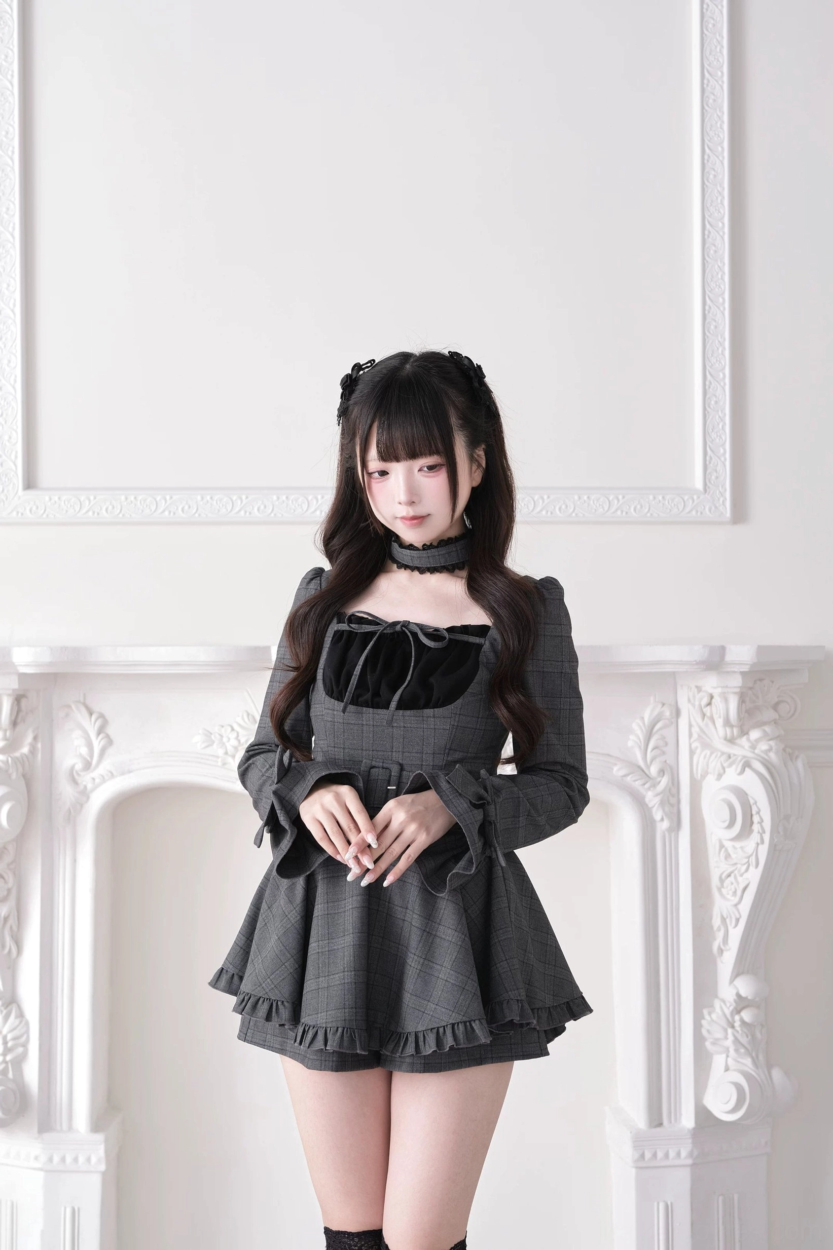 Dark gray plaid Jirai Kei dress full front view with square neck velvet bow and black knee-high socks