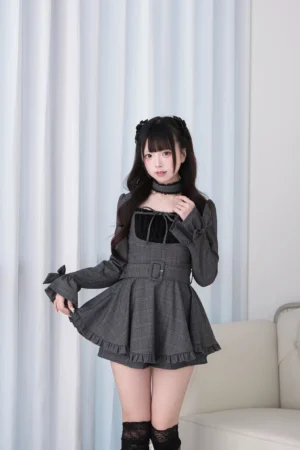 Dark gray plaid Jirai Kei mini dress set front view with square neck velvet bow and lace choker
