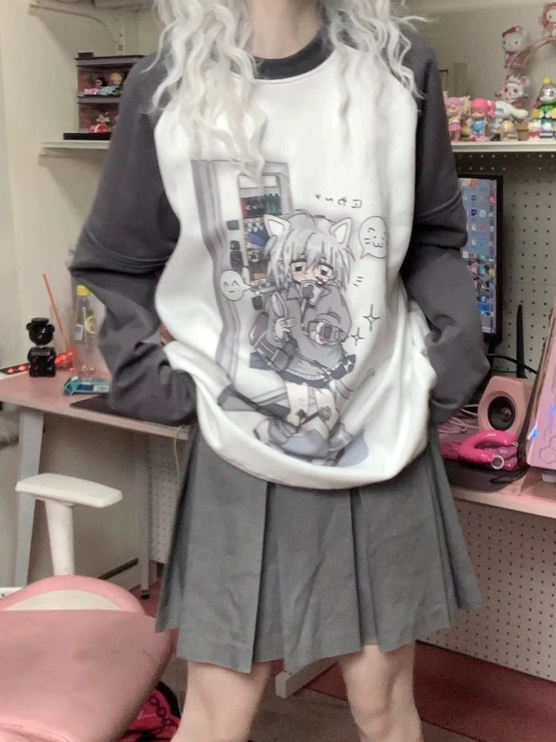 Dark grey anime cat girl graphic raglan tee product display standalone dark-colorway