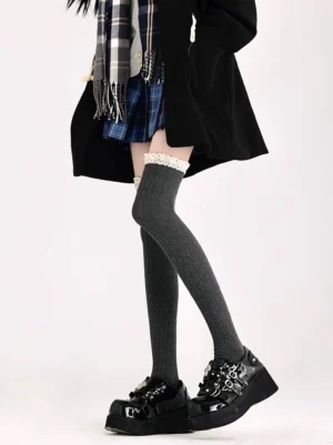 Dark grey ribbed knit Jirai Kei socks with white frilled lace trim styled with JK outfit side profile view