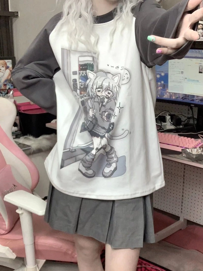 Dark grey raglan long sleeve anime tee standing full body monochrome cat girl print
