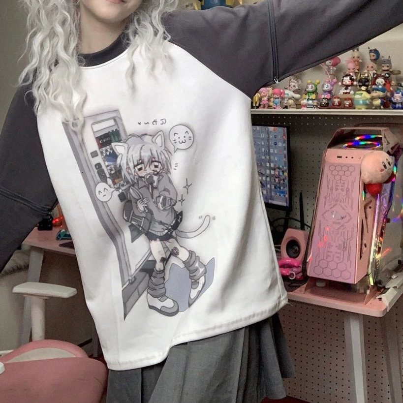 Dark grey raglan sleeve anime graphic tee standing wide angle dark colorway tenshi aesthetic