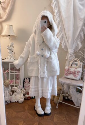 White bunny ear cardigan with oversized hood covering face loose fit plush knit jirai kei style sweater