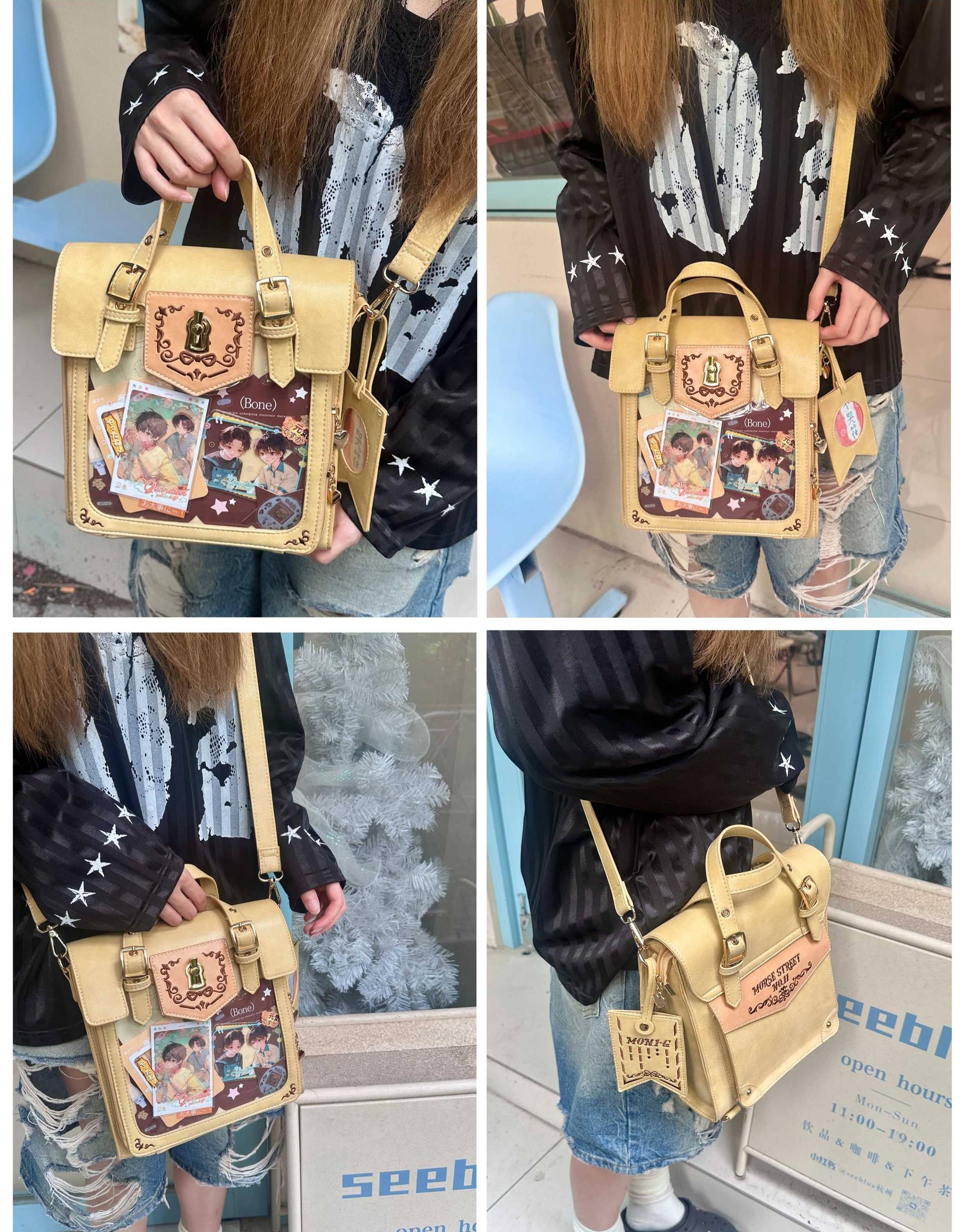 Vintage Jirai Kei ita bag care maintenance guide showing cleaning instructions for PU leather, acrylic window protection, and badge organization best practices
