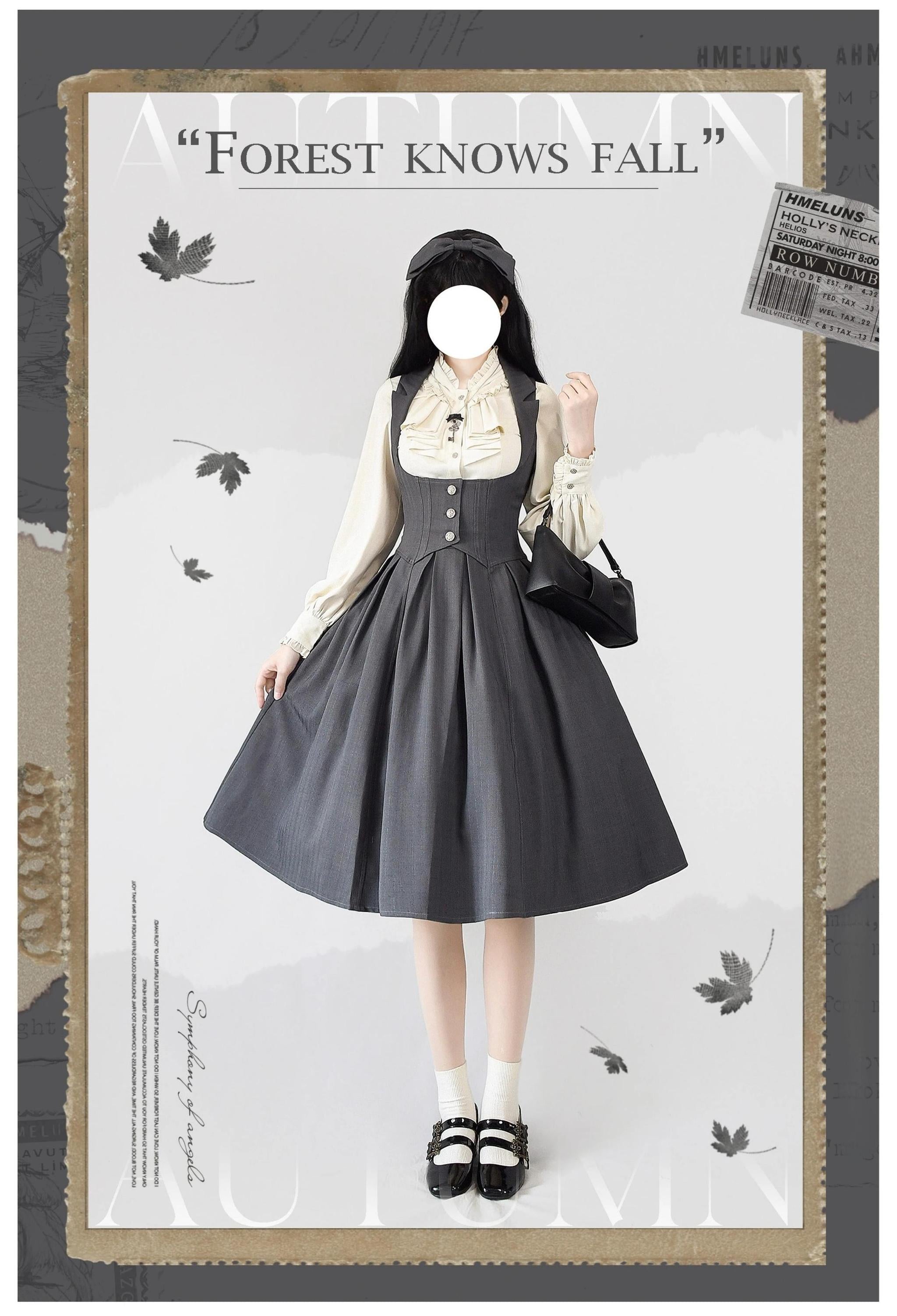 Classic Lolita corset dress full front autumn theme small black handbag classic midi skirt silhouette