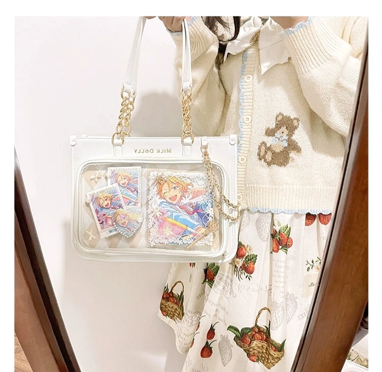 Decorative chain accessory for checkered jirai kei ita bag showing added styling versatility and edge