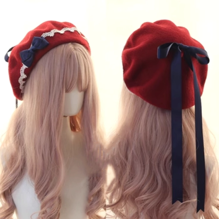 Deep burgundy wine red Jirai Kei beret with white lace trim and coordinating red ribbon bow, mannequin display showing front and back