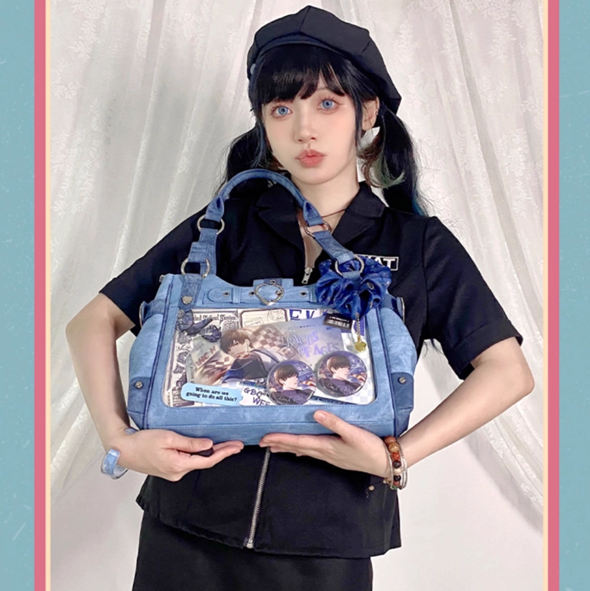 Denim blue Jirai Kei ita bag lifestyle photography showing everyday use in urban setting and practical functionality for modern alternative fashion
