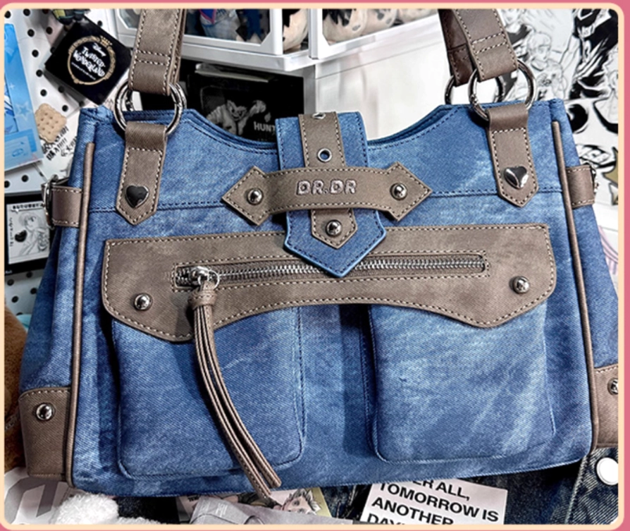 Denim blue Jirai Kei ita shoulder bag transparent window filled with vintage anime pins and collectible decorations, personalization inspiration display