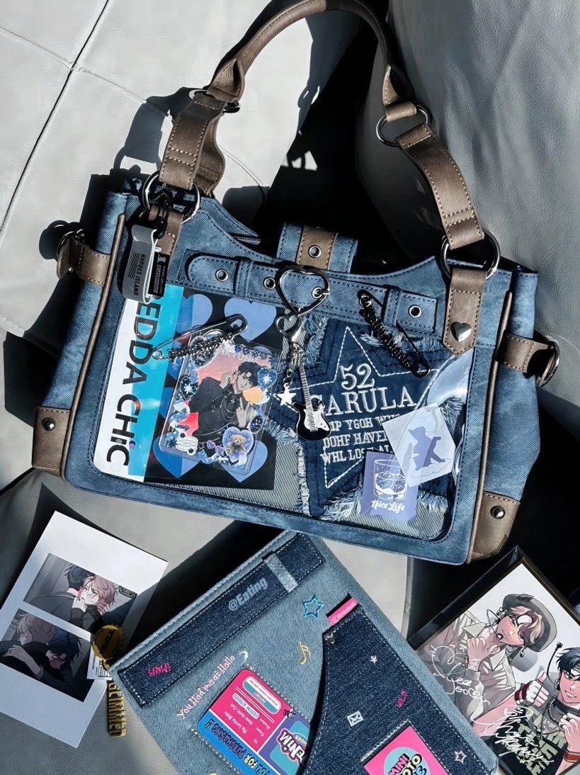 Denim blue Jirai Kei ita crossbody bag primary color variant with clear transparent window and complete product positioning for e-commerce showcase