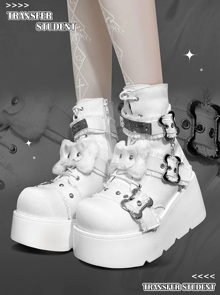 Denim blue platform Martin boots showing metal chain attachments, buckle straps, white fluffy trims on platform - Y2K Jirai Kei subculture