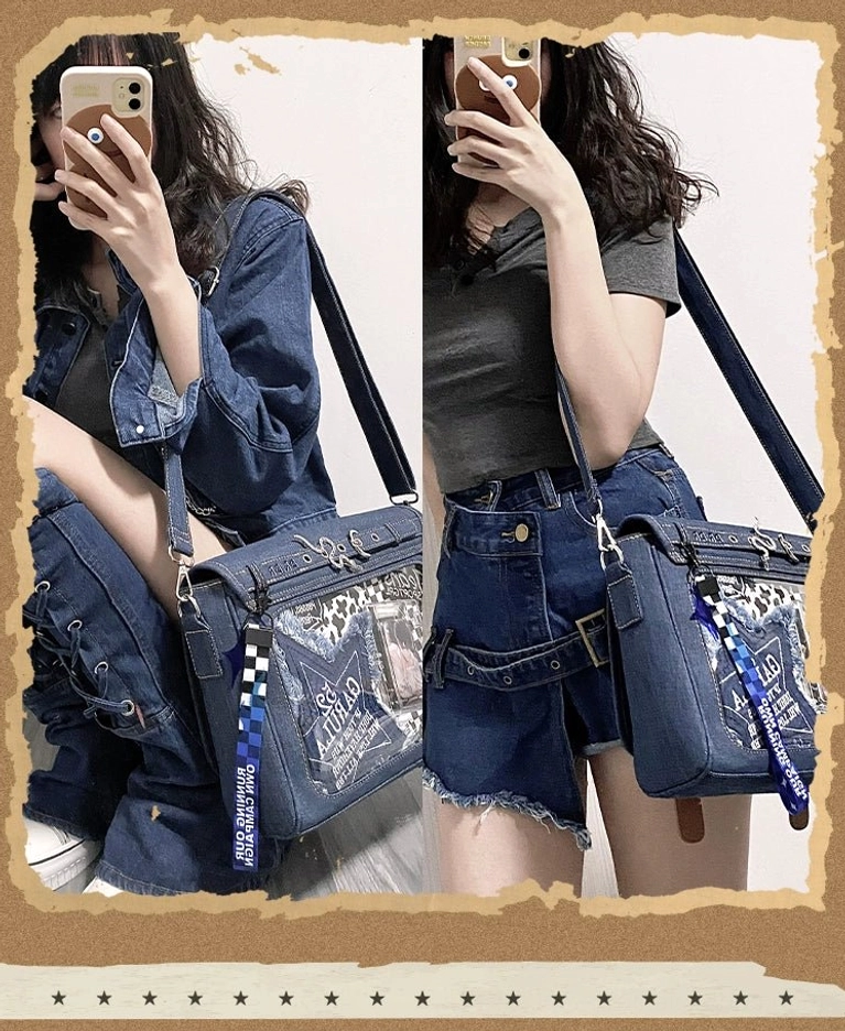 Denim itabag crossbody bag dual mirror selfie perspectives with two models in casual denim outfits, clear display window blue-white ribbon decor dark blue denim material