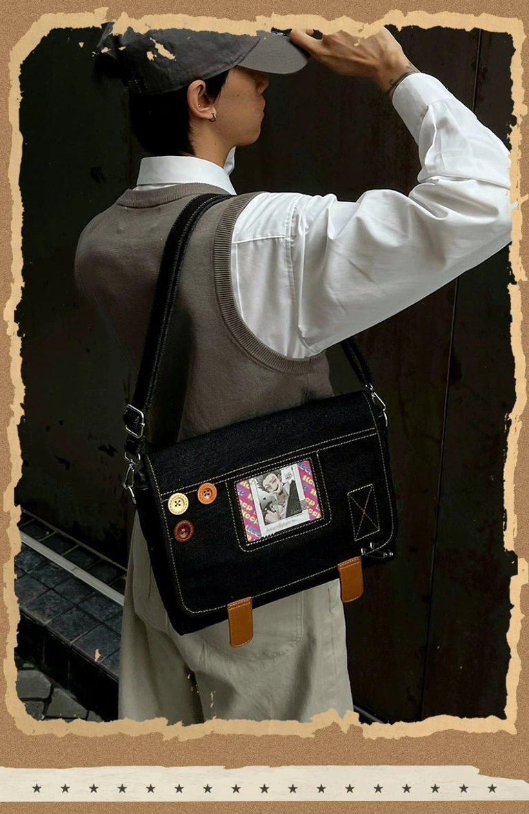 Denim itabag crossbody handbag worn as daily campus school bag expressing alternative identity with Jirai Kei aesthetic coordinate styling