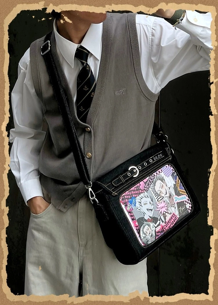 Denim itabag crossbody handbag style guide showing Jirai Kei coordinate combinations with denim layers and contrast pairing aesthetic inspiration