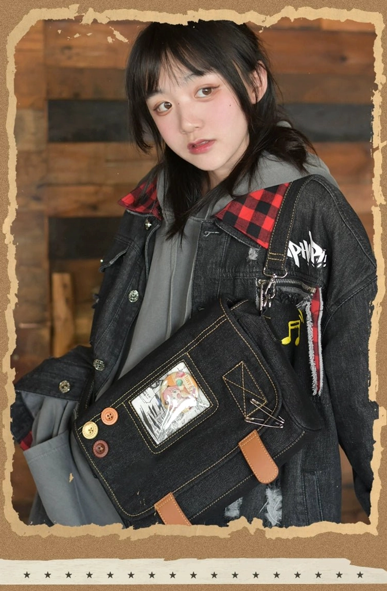 Denim itabag crossbody handbag material composition durable denim fabric PVC elements leather accents detailed construction quality showcase