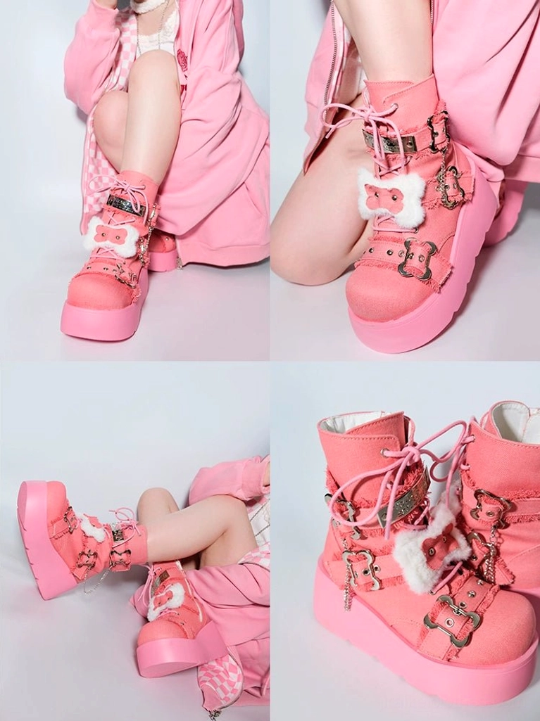 Denim platform Martin boots showing metal chain decoration, bone details, adjustable shaft feature on mid-calf area - Jirai Kei punk