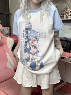 Detachable sleeve anime cat girl graphic tee standing full body sky blue raglan y2k style