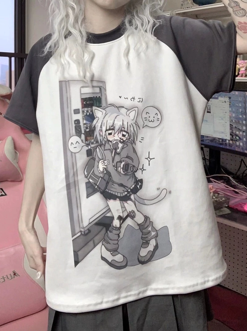 Detachable raglan sleeve tenshi anime tee product detail close-up zipper mechanism