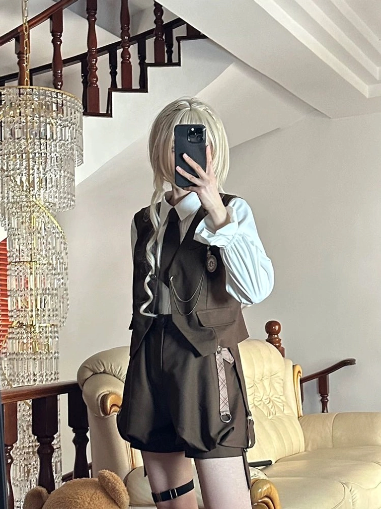 Complete Detective Ouji Lolita vintage brown ensemble size guide dimensional reference showing vest length, bust measurements, shoulder width, shirt sleeve length, and suspender shorts proportions