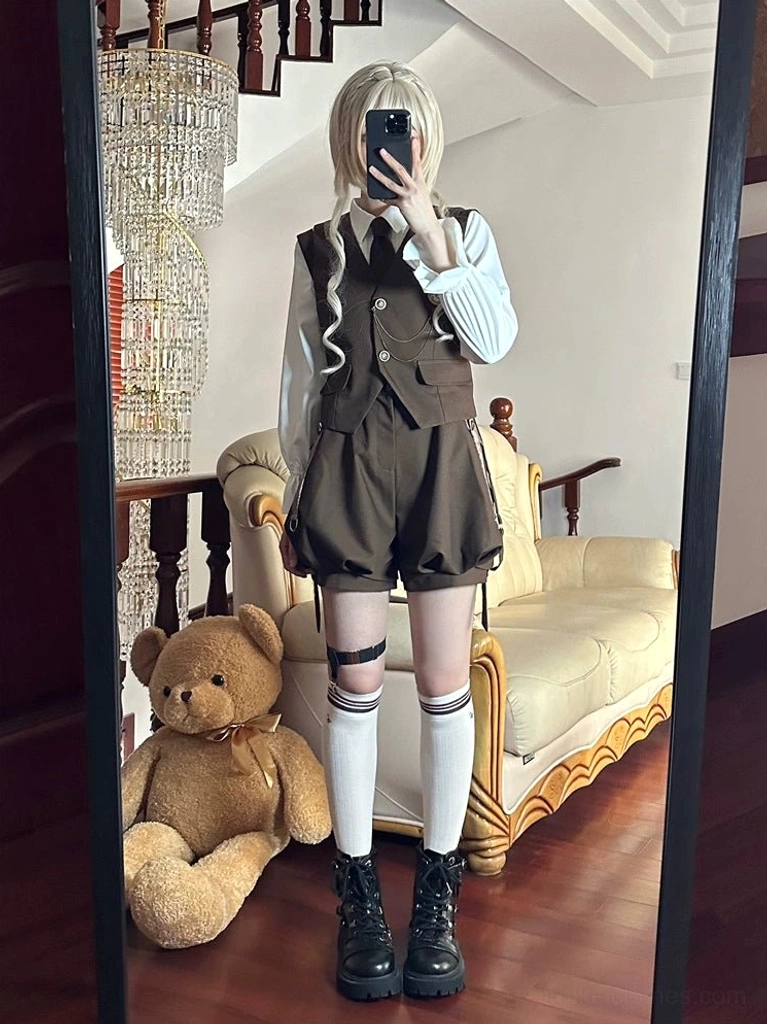 Full-body mirror selfie of complete Detective Ouji Lolita set on blonde model in vintage living room setting, wearing white knee-high socks, combat boots, and brown suspender bloomer shorts with teddy bear prop