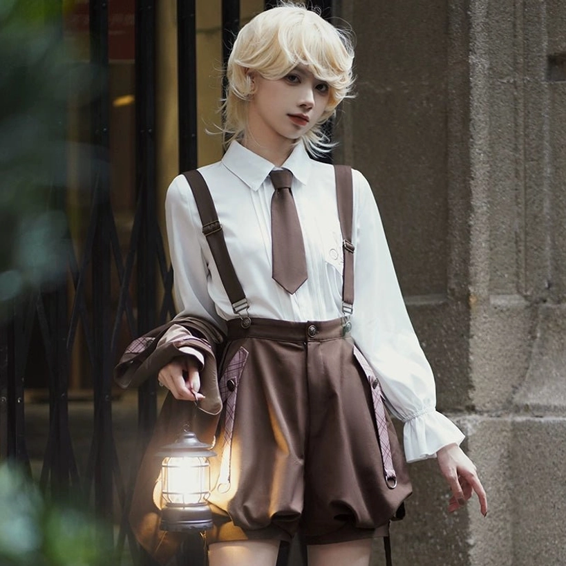 Detective Ouji Lolita poet sleeve blouse with dramatic ruffles, removable tied necktie, delicate rabbit chest embroidery, breathable construction, and romantic aristocrat aesthetic detail