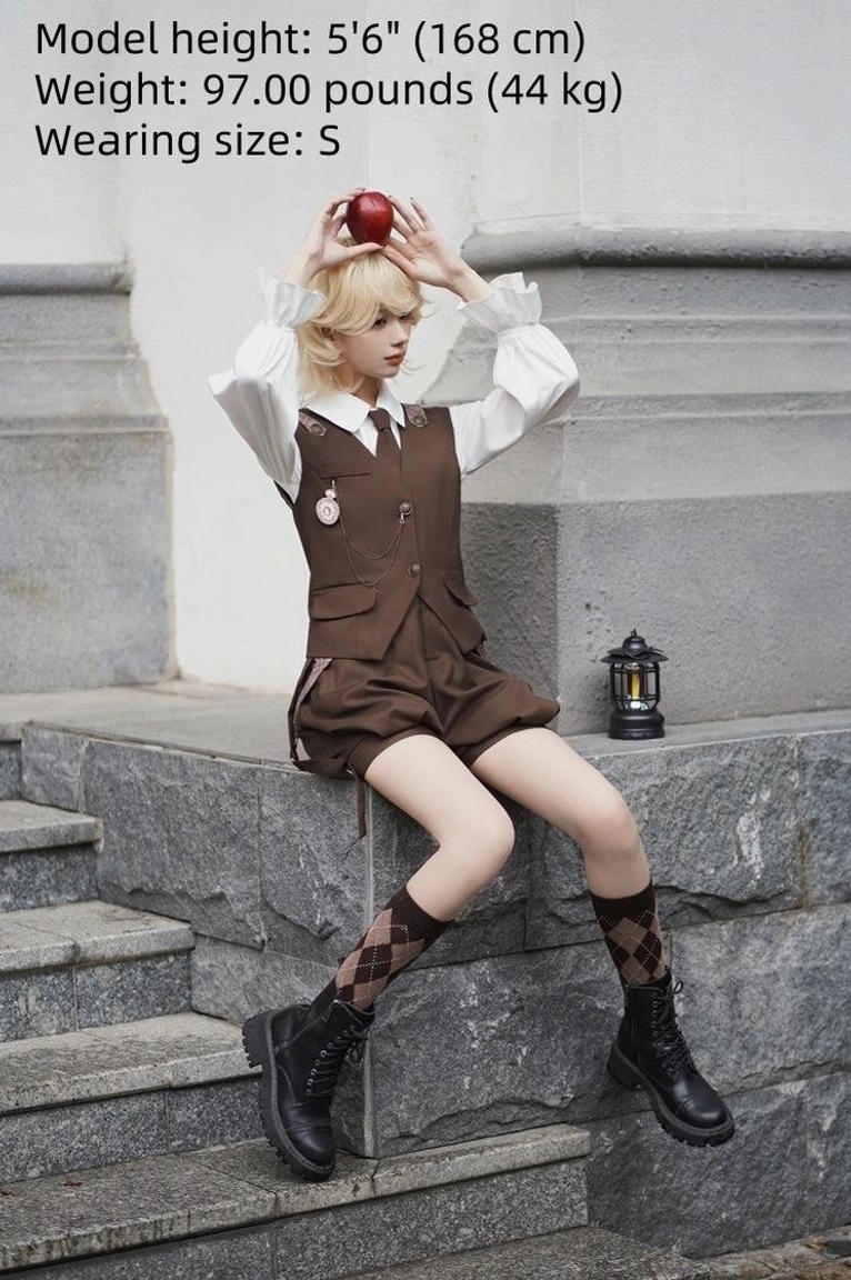Detective-style Ouji Lolita complete outfit worn by blonde model seated on outdoor stone stairs, displaying argyle socks, combat boots, suspender shorts, and vintage lantern prop nearby