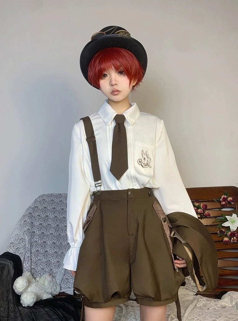 Detective Ouji Lolita shirt with tie combination featuring dramatic poet sleeves, formal necktie, chest rabbit embroidery, and vintage literary aesthetic for aristocratic alternative fashion styling