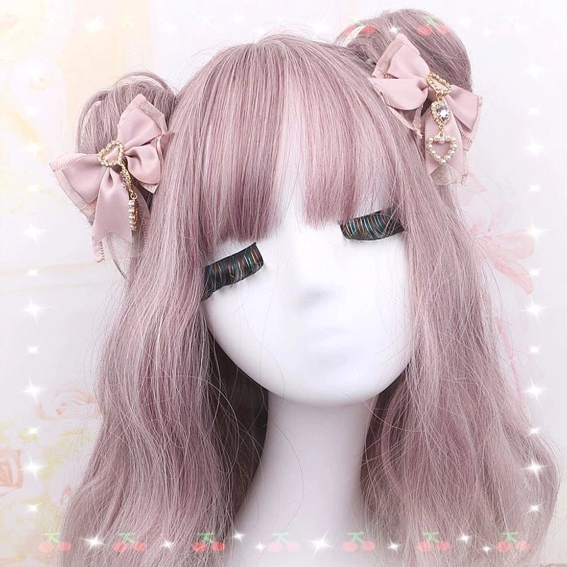 Double-layer pink bow hair accessories with heart-shaped rhinestone details and pearl accents - Jirai Kei collection
