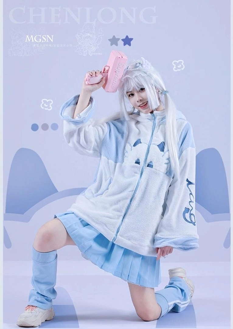 Dragon-themed Jirai Kei coat featuring intricate 3D embroidery details, adorable dragon face on hood, and decorative tail embroidery on back - back view showcase