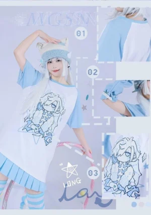 Dragon-themed raglan printed t-shirt dress with pleated hem in blue-white color block and cartoon character print detail, worn by cosplayer with cat knit beanie - full body styling view