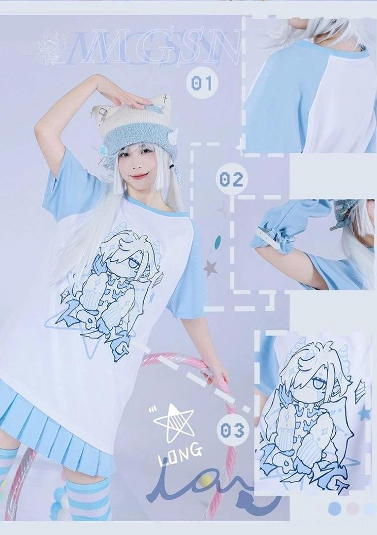 Dragon-themed raglan printed t-shirt dress with pleated hem in blue-white color block and cartoon character print detail, worn by cosplayer with cat knit beanie - full body styling view