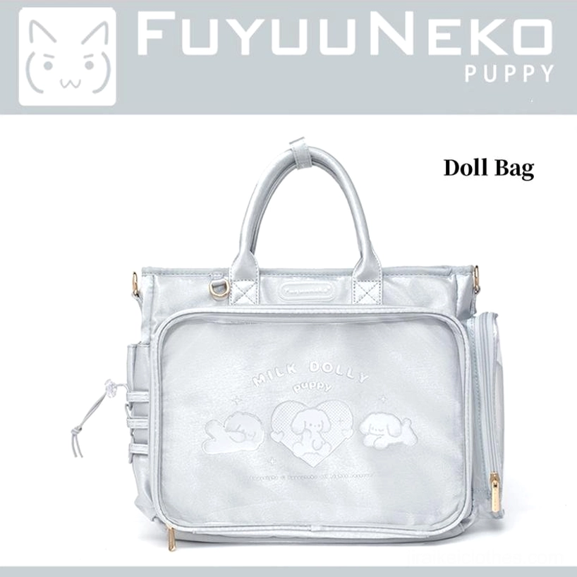 Dusty blue Jirai Kei itabag soft romantic lolita tones pastel anime character figures display